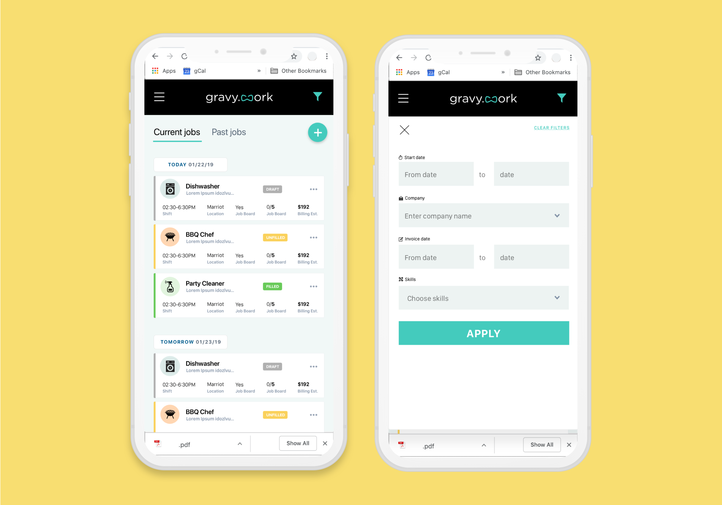 Gravy.work Mobile and WebApp hospitality hourly workers mobile app productivity ui userflow ux visual design webapp wireframes