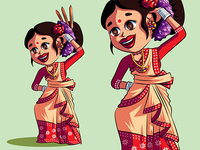 Bihu 2d artist assam cartoon dance digital art illustration illustrator india jewellery pattern saree style vector woman