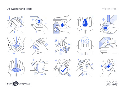 Free 24 Wash Hand Icon Set (PNG, AI, SVG) clean design free free icon set free icons free vector icons freebie hand wash hands hygiene icon icon pack icon set icons illustration photoshop psd template templates wash hand