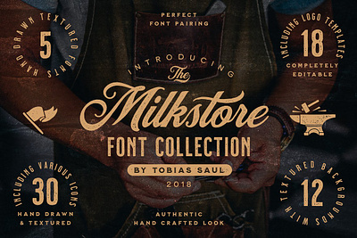 Milkstore Font Collection accented characters alternate characters badge design handcrafted font icons logo templates milkstore font collection packaging design script font swashes texture title design vintage