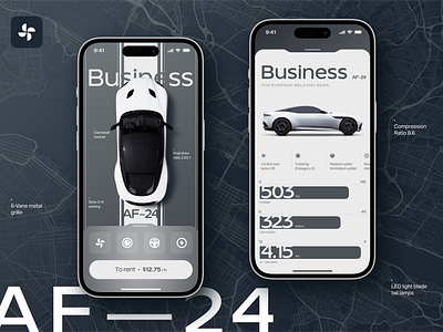 Business car rental app app aston martin business car characteristics monochrome sidepage typography ui