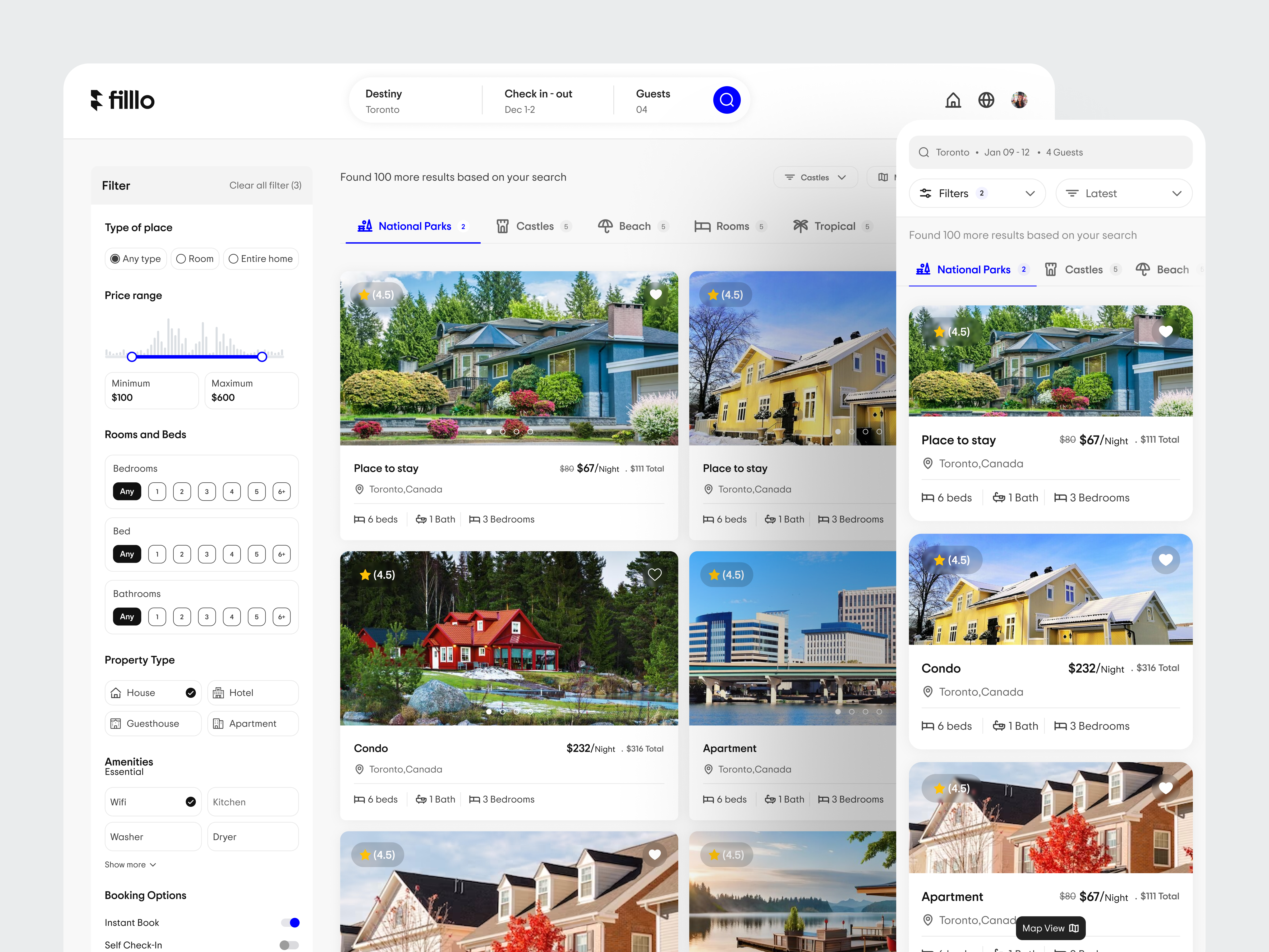 Hotel booking platform - card view booking bookingcards bookingmanagement card cardbookingview easybookings efficientscheduling filllo hotel hotelbooking quickbookingview quickoverview simplifiedbooking streamlinedmanagement travel ui uiux visual visualbooking web design