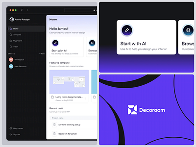 Decoroom: Virtual Interior Design App - Cards Menu Variations animation app bento bento grid branding card dashboard desktop illustration layout logo motion motion graphics saas ui ui design uiux ux ux design web app