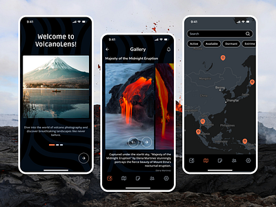 Volcano Tracker Mobile app design application dark theme design education gallery graphic design grid inspiration interactive design interactive map learn mobile mobile application onboarding pagination trip planner ui ui design ux volcano