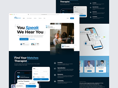 Yourtaker (Theraphist Finder Mobile App) - Landing Page card cta footer health healthcare homepage landing page medical navbar testimonials ui website