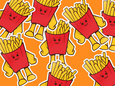 Fries Mascot - Stickers for Pop Burgers badge badges branding cartoon cartoonish design fast food fries fun graphic design halftones illustration logo mascot mcdonalds sticker stickers street food typography vector