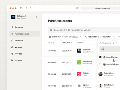 Purchase Orders 📦 design filters finance fintech interface list minimal pay procurement product purchase saas search table ui ux