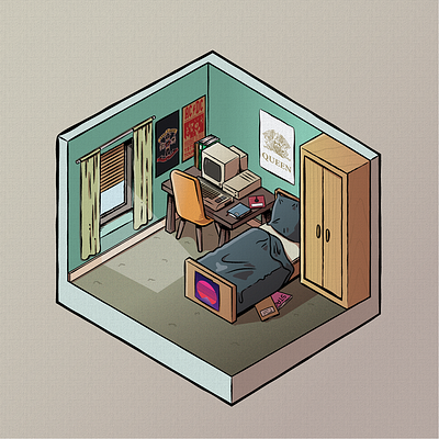 80s nostalgic room in an isometric perspective 3d comicbook commodore 64 computer homage illustration illustrator isometric retro vector vintage