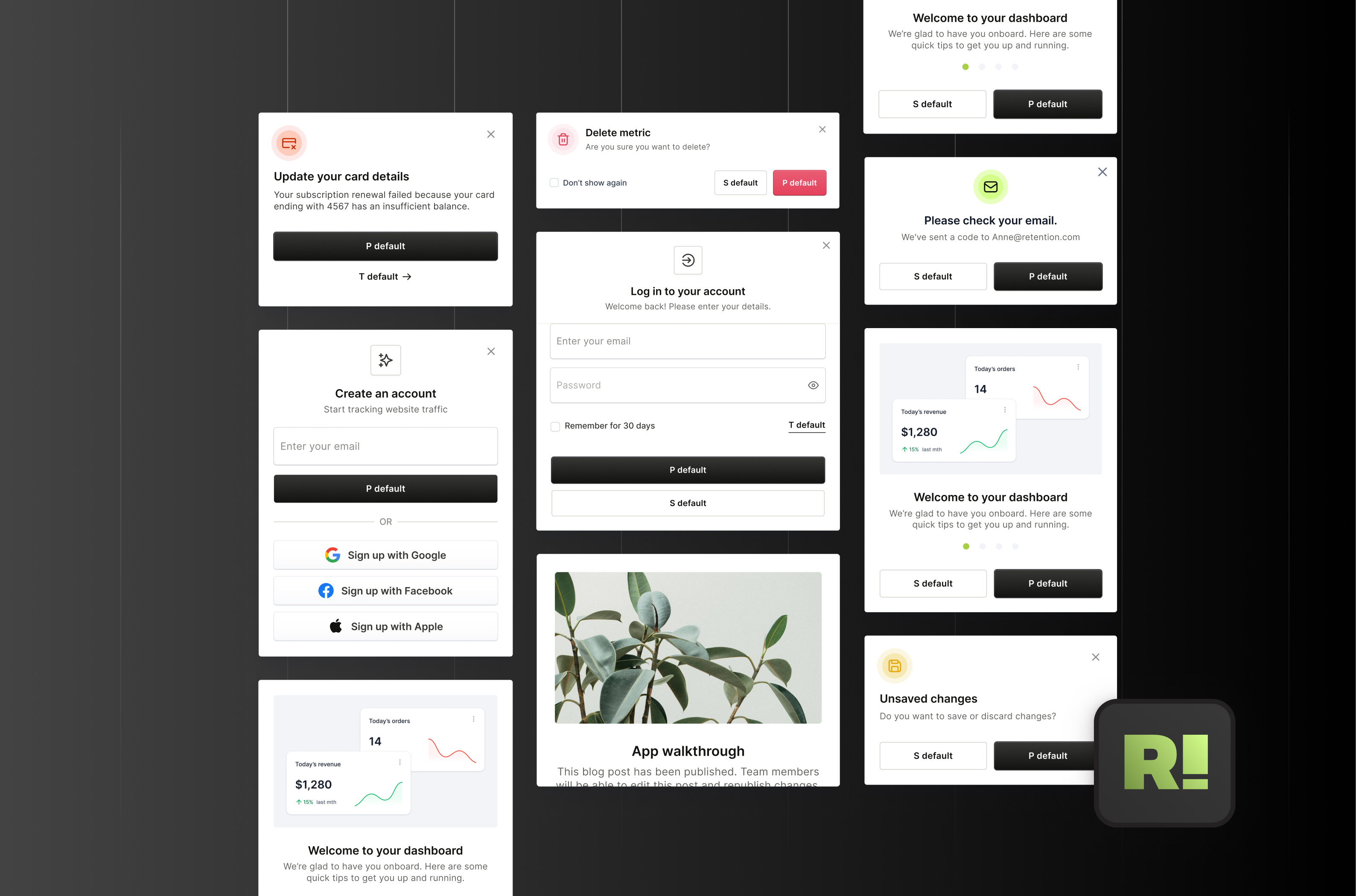 Modal components - Retentiondotcom design system. design design system system ui uidesign uidesigner uiux ux uxdesign web