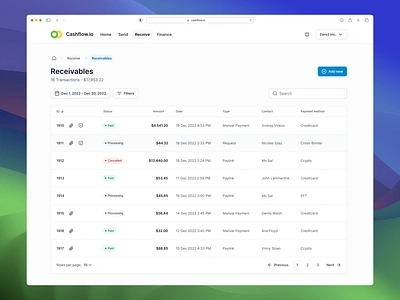 Cashflow.io - Receivables dashboard filters fintech product design table ui ux