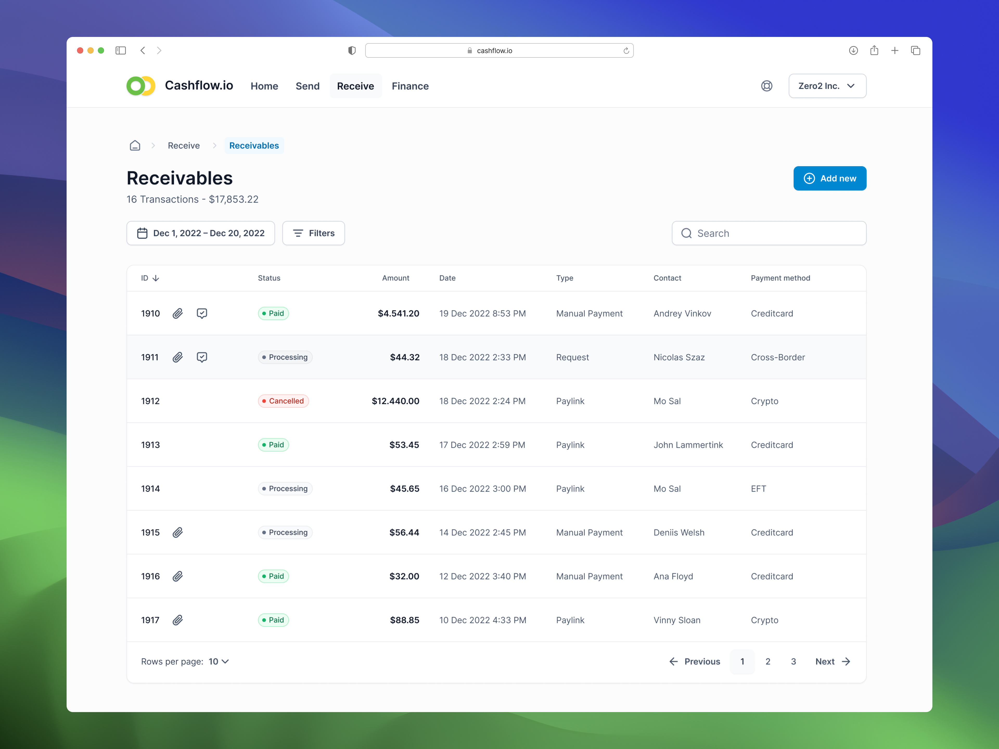 Example of Cashflow.io - Receivables