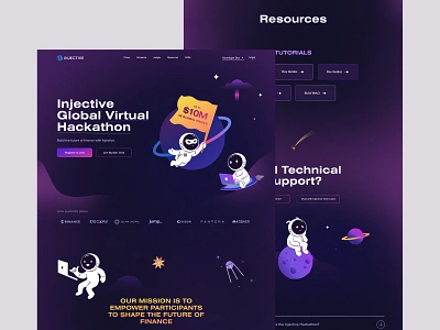 Blockchain hackathon blockchain bright gradient cosmos crypto darkmode design hackathon illustration landing page for the marathon landingpage marathon memorable design need technical support ninja astronauts planets purple purple gradient space spaceship ui