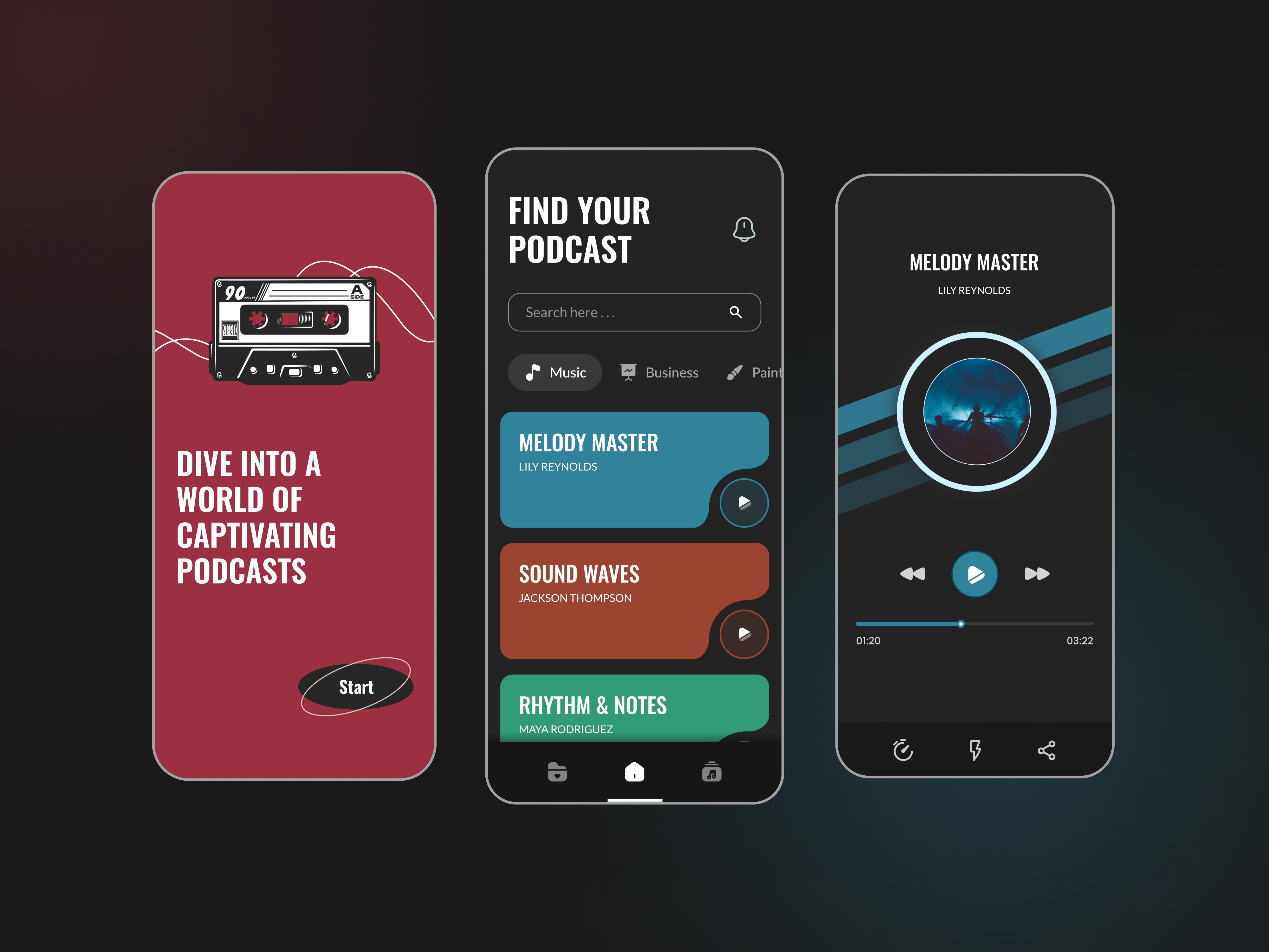 Podcast App UI Design Concept aesthetic design app design branding dark design home page design music onboarding podcast app ui ui design uiux