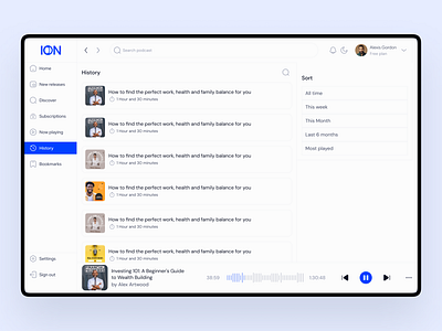 ION Podcast App: History Screen audiobook mobile design music podcast product saas uiux web design