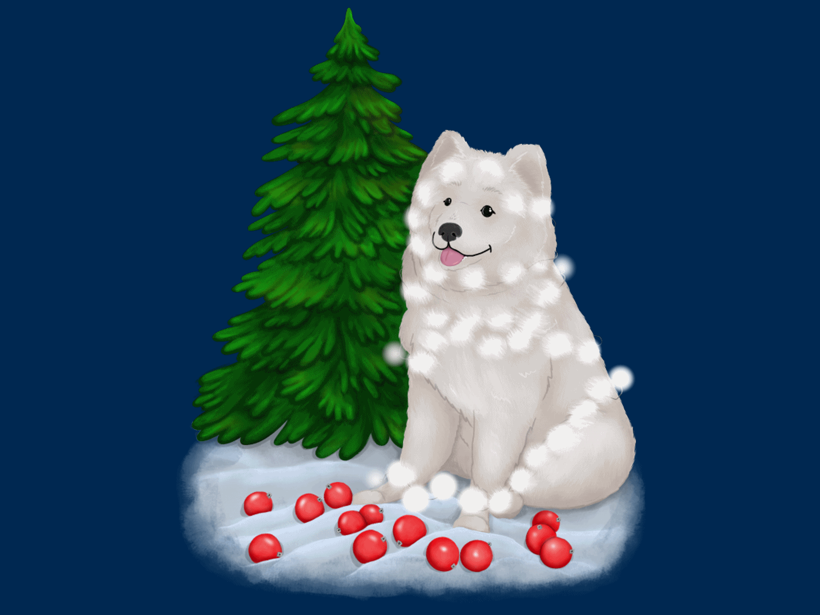 Example of Samoyed dog tangled in white fairy lights for Christmas