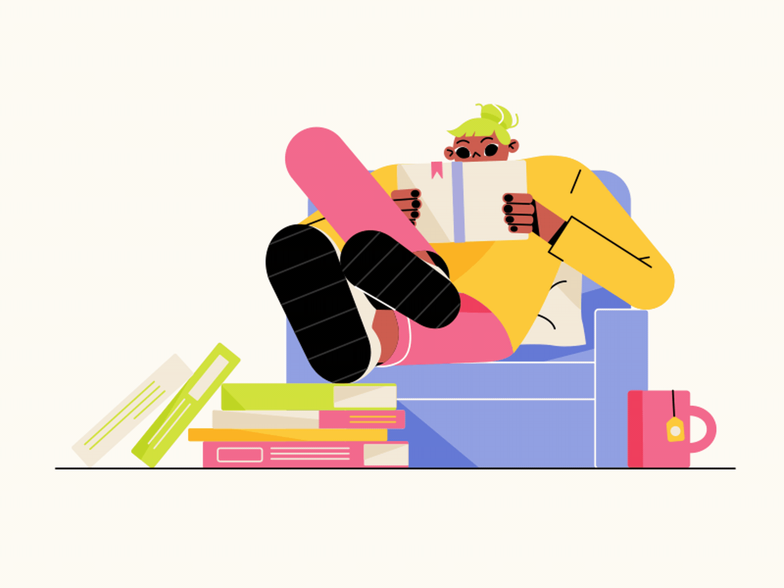 Woman is reading a book at home 2d adventure after amusing animation armchair book character girl hobby home illustration interesting library lottie motion graphics read sit surprised woman