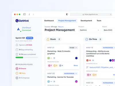 GetHint - Project Management Assistant agile ai cards clean design interface light theme logo manage minimalistic project management saas sidebar task management team management ui ux web app