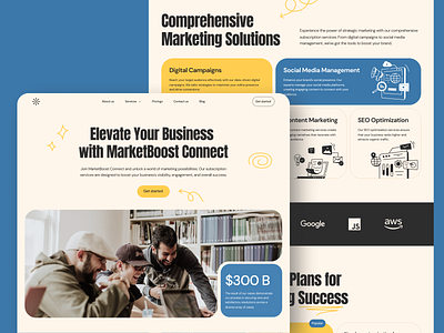 MarketBoost Connect - Marketing Services Landing Page Concept agency blue company cream design doodle flat design hand drawing hero banner illustration introduction light orange marketing modern sketch ui ui design