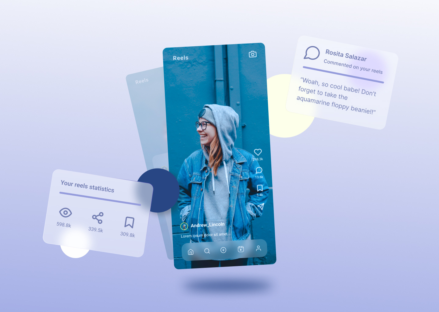 Instagram Reels in Glassmorphism branding card comments elegant entertainment floating glass glassmorphism instagram reels mobile mobile app mobile screen redesign reels scroll shadow social media soothing ui ui trend