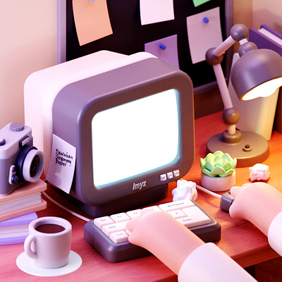 3d illustration of a work desk with an old computer 3d 3drender blender computer icon illustration unique work