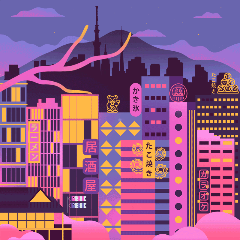 Tokyo animation bloom cityscape drone editorial illustration flowers future gif illustration illustrator japan japanese maneki neko minimal motion graphics purple skyscraper tokyo