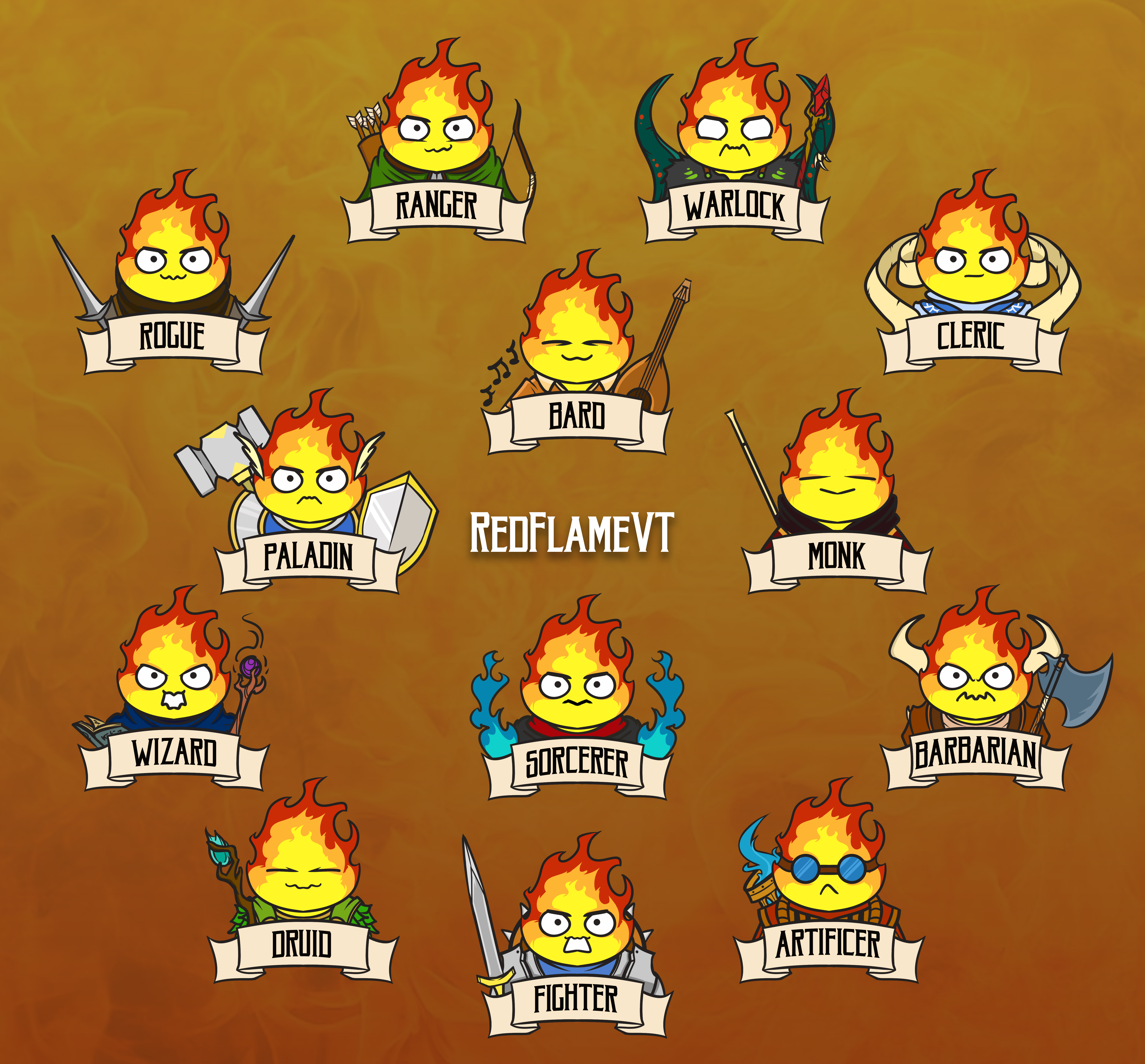 RedFlame DnD Classes art characters classes design dnd fire flame icons illustration