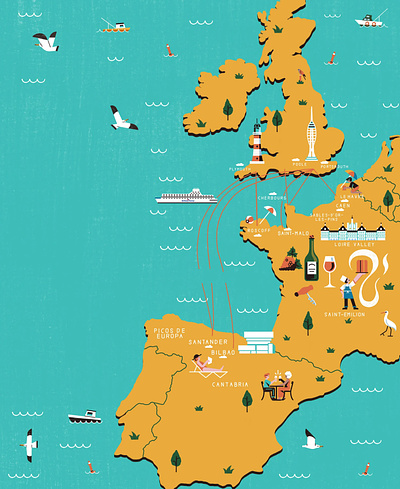 Ferries 2d digital editorial flat folioart holidays illustration map michael driver summer travel