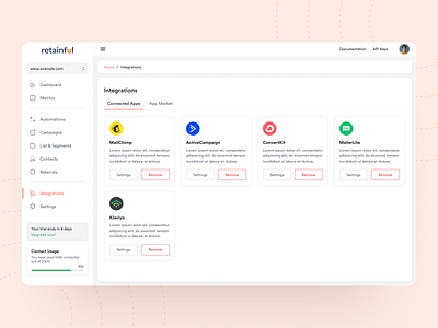 Integration - Retainful app screen figma integration market apps minimal saas app saas design saas ui ui design ui inspiration uiux user interface design web app