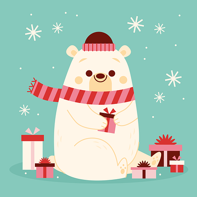 Happy Winter bear character christmas cute fun happy holiday illustration polar bear presents retro winter