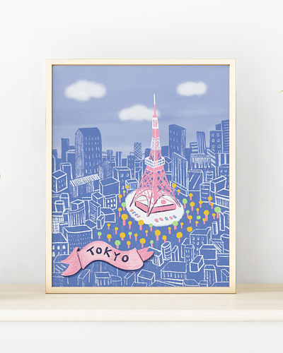 Tokyo Tower blue and pink design drawing elle powell art exciting city fashion and travel illustrator fun and vibrant illustration japan tokyo tower travel illustration travel prints