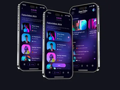 Eurovision app design concept app concept dark dark ui design eurovision figma design figmadesign mobile mobile app ui ui design uiux user interface design