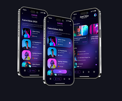 Eurovision app design concept app concept dark dark ui design eurovision figma design figmadesign mobile mobile app ui ui design uiux user interface design