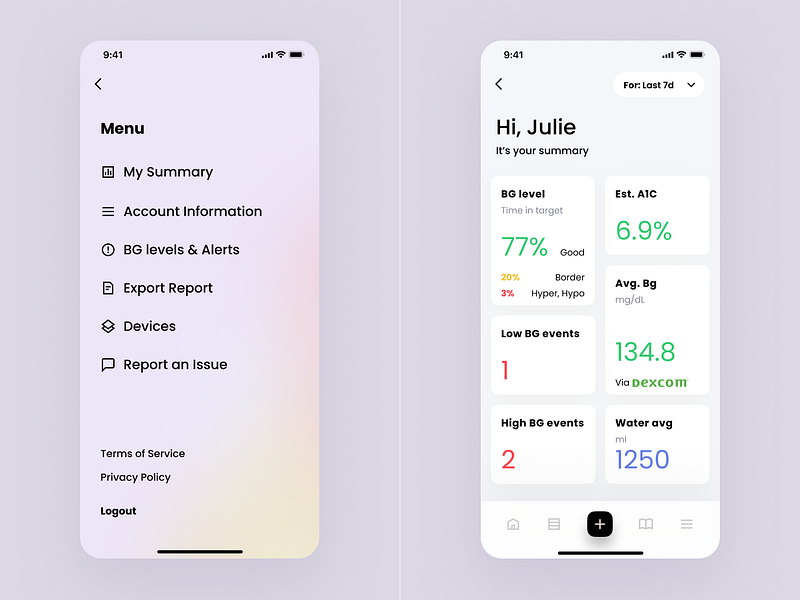Diabetes App. Menu and My Summary clean design clean ui diabetes gradient background healthcare ios app design medecine medical app menu bar menu screen minimal design minimal ui mobile dashboard mobile menu profile summary ui ux