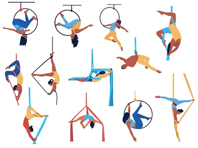 Set of various acrobatic styles. Aerial silks and hoop, rope acrobatic aerial banner body shapes boy characters design femail flat flexibility girls hoop illustration line style male rope set silks stretch vector