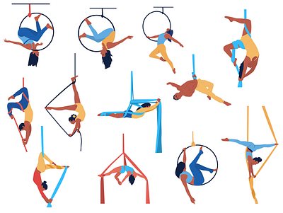 Set of various acrobatic styles. Aerial silks and hoop, rope acrobatic aerial banner body shapes boy characters design femail flat flexibility girls hoop illustration line style male rope set silks stretch vector