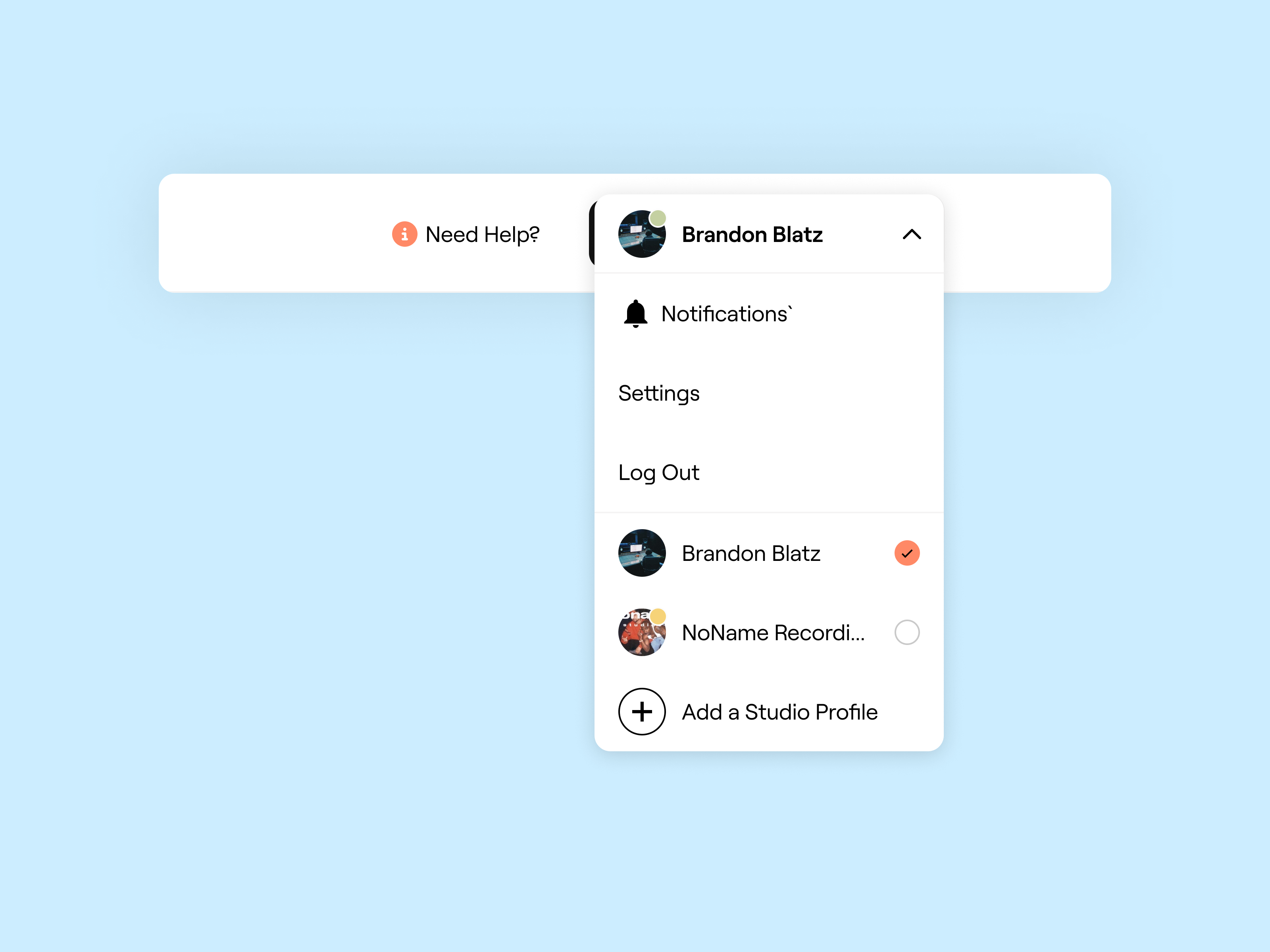 Profile Menu Prototype | Multi-Account Users account dropdown accounts design dropdown dropdown menu information architecture log out menu music navigation product design profile profile menu prototype settings ui ux web website