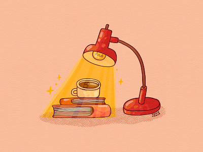 Red Desk Lamp 2d books coffee cup illustrator lamp light mug reading red retro spark vintage