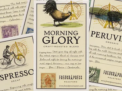 French Press Roasters Coffee Labels coffee coffee blend coffee design french press label design northwest oregon packaging roaster vintage