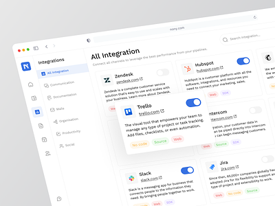 Nony - Integrations admin channel integrations clean dashboard design integrations integrations dashboard minimalist product design ui ui design uiux ux