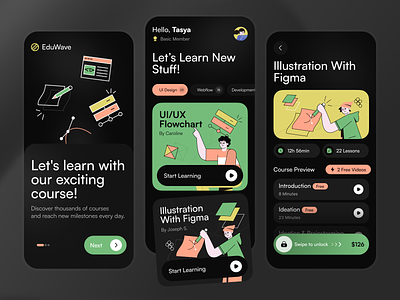 EduWave - Online Course App android app clean course dark mode design education illustrations ios iphone layout learn mobile school typography ui ux webinar whitespace
