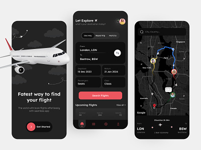 Flight Booking App airplane airport app design application boarding pass clean ui dark mode ui flight booking app flight booking app design flight schedule flight ticket ios location mobile app search flight ticket ticket booking travel ui ux