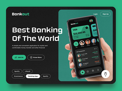 Bankout – Landing Page Promo Banking Fintech Porduct Startup android banking creative design green header interface ios landing minimalism mobile mockup product service startup