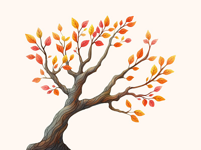 A watercolor illustration of a yellow and orange autumn tree color