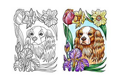 A series of illustrations for a coloring book. Dogs and flowers. book illustration children book coloring book coloring page dog illustration dogs illustration illustrator