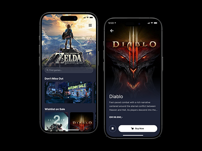 Game Store Mobile UI Design Concept dark mode design diablo epic games game game store game store design gamification illustration mobile store design steam mobile ui ui design ui inspo zelda