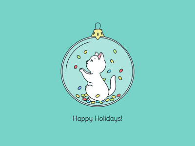 Cute greeting card with funny cat playing inside christmas ball 2d card cartoon cat character christmas christmas ball christmas decoration confetti cute doodle funny greeting illustration kitten playing vector