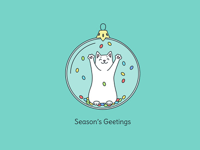 Cute greeting card with funny cat playing inside christmas ball card cat christmas christmas ball christmas decoration confetty cute doodle funny greeting holiday illustration kitten play seasons greetings vector winter