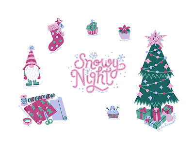 Xmas stickers card cupcakes gifts gnome illustration lettering pink stocking tree typography wrapping xmas