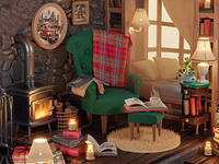 Stylized 3D interior of a cozy library 3d 3dartist 3dblender 3dillustration 3dmodel blender cozy design illustration room