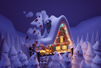 House in a forest 3d 3dartist 3dblender 3dillustration 3dmodel blender christmas cozy holidays illustration new year winter